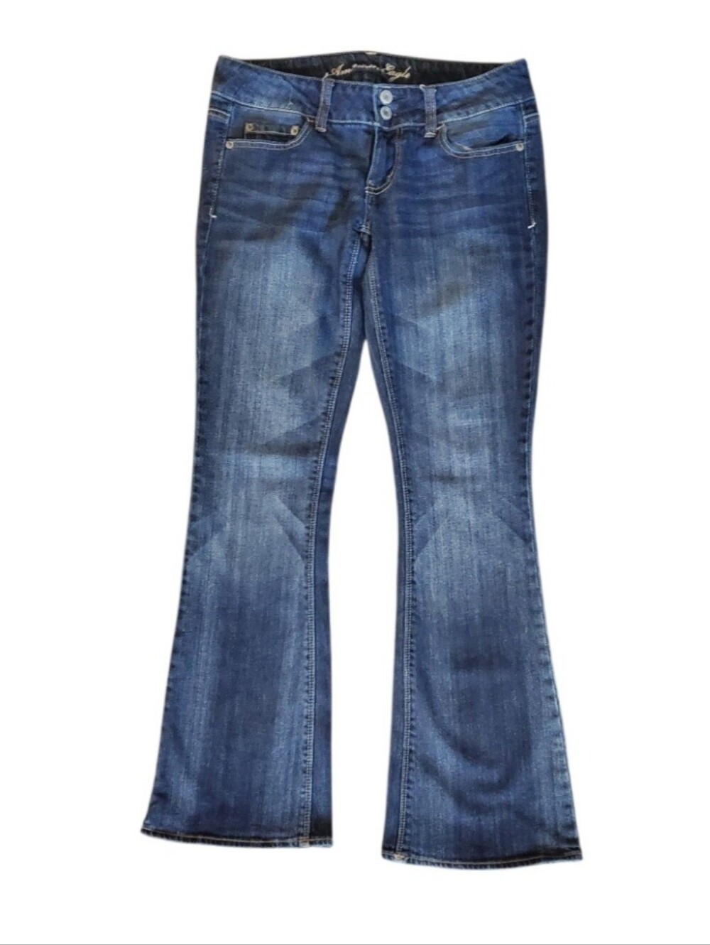 American Eagle Artist Women Sz 4 Short Bootcut Jean Stretch Low Rise medium wash